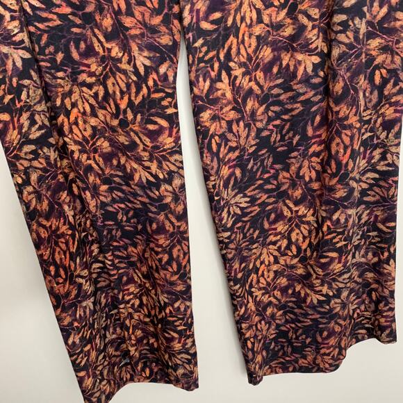 Peruvian Connection Pants  Rust Leaf Print Black Straight Leg Mid Rise Pockets - Picture 10 of 12